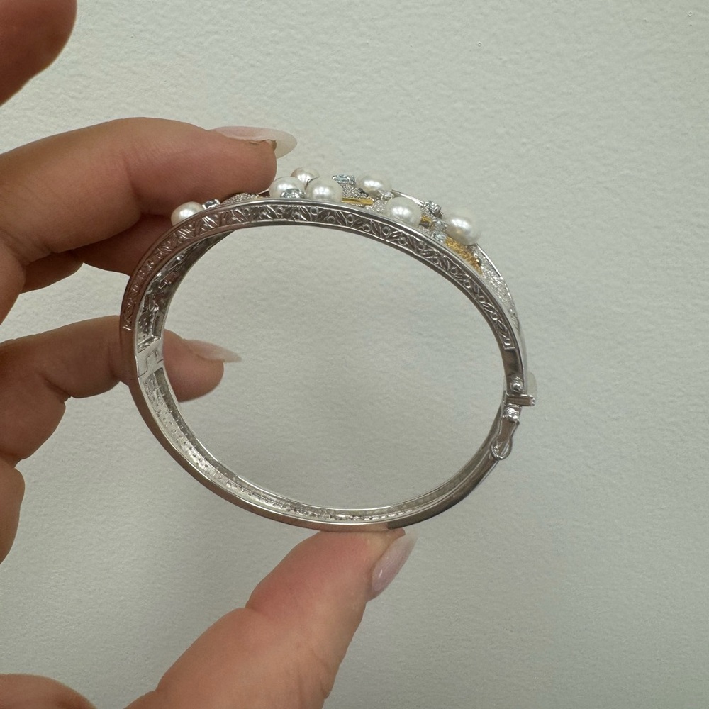 925 Sterling Silver Sea Life Pearl and aquamarines Hinged Bangle 30.7g - Picture 7 of 10